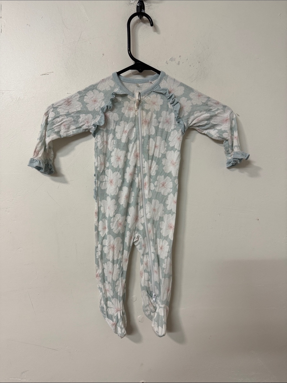 Floral Footed One-Piece Romper - Light Blue and White